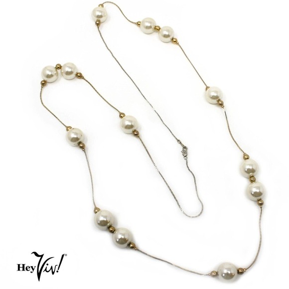 Vintage Single Strand 40" Gold & Pearl Necklace Wear Long or Looped - Hey Viv - Picture 3 of 6